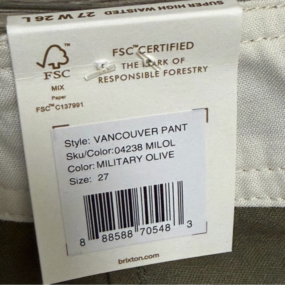 Brixton Vancover Pant in Military Olive Green Womens 100% Cotton Size 27 NWT - Picture 7 of 10